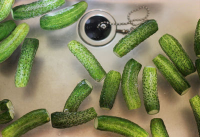 High angle view of chopped cucumbers in water in sink