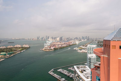 High angle view of buildings by sea against sky