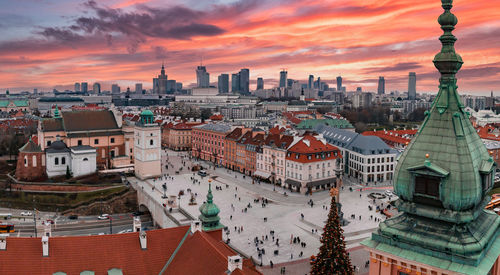 Aerial view of the christmas tree near castle square with column of sigismund