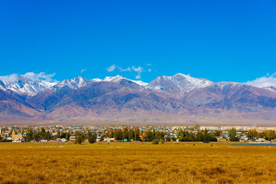 Scenic view of snowcapped mountains against clear blue sky