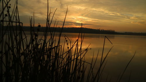 Scenic view of lake against sky during sunset