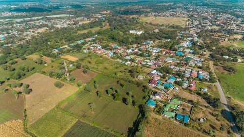 Aerial view of the rural area away from arusha, farming and people settlement.