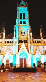 Facade of cathedral at night