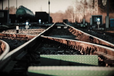 Close-up of railroad tracks,rails, sleepers, railway station