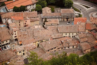 High angle view of houses in town