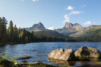 Scenic view of lake and mountains against sky