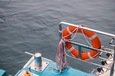 High angle view of lifebelt on boat