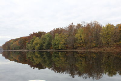 Reflection of trees in lake against sky