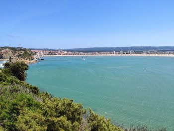 Scenic view of sea against clear blue sky