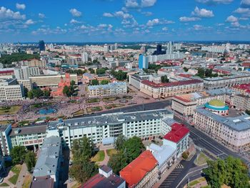 High angle view of buildings against sky