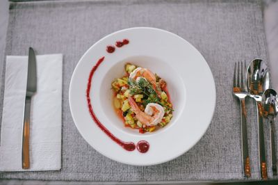 High angle view of meal served on table