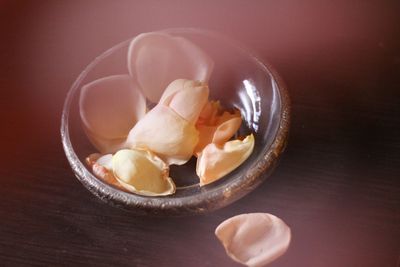 High angle view of ice cream in bowl on table