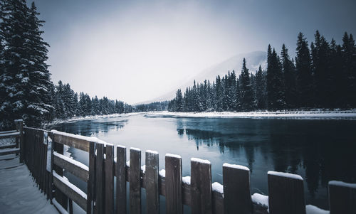 Scenic view of lake against clear sky during winter