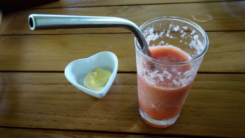 High angle view of drink on table