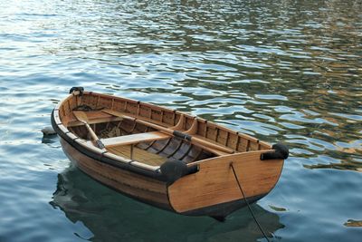 High angle view of boat moored in water