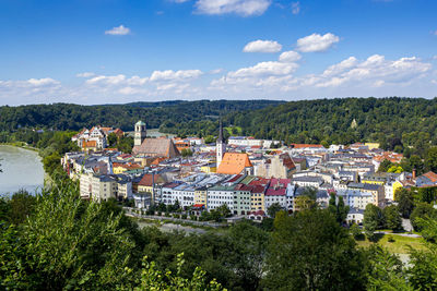 High angle view of townscape against sky