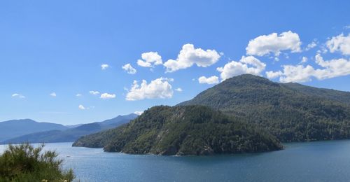 Scenic view of lake and mountains against sky