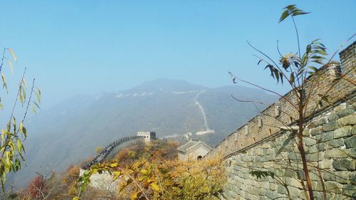 High angle view of trees and mountains against clear sky