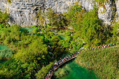 High angle view of people on bridge