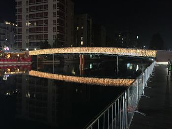 Buildings in city at night