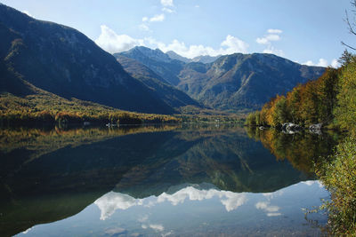 Wonderful autumn view of the beautiful bohinj lake with stunning transparent water.