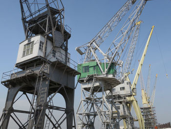 Low angle view of crane against sky