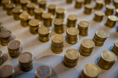 High angle view of coins