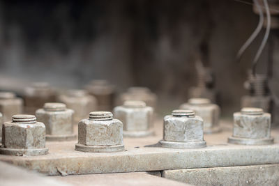 Close-up of old machine in row