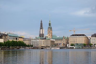 River by buildings against sky