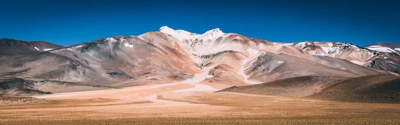 Scenic view of mountains against clear blue sky