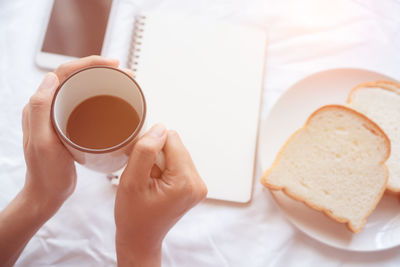 High angle view of breakfast served on table