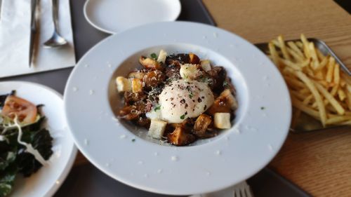 High angle view of food in plate on table