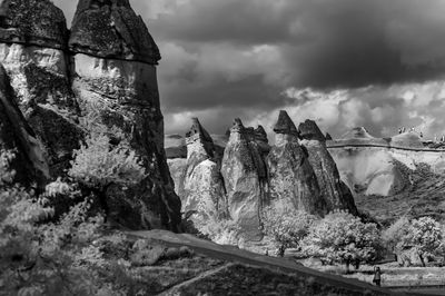 Lighthouse on rock against cloudy sky