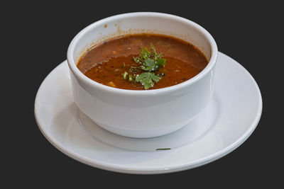 High angle view of soup in bowl on table