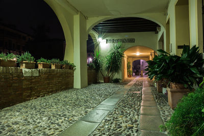 Illuminated footpath amidst buildings at night