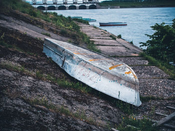 High angle view of abandoned boat on river