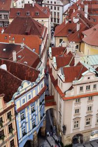 High angle view of residential buildings in city