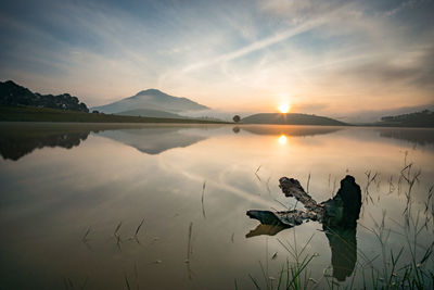 Scenic view of lake against sky during sunset