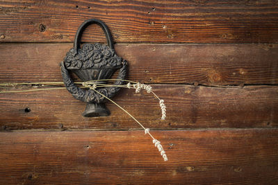 Close-up of door knocker with lavenders