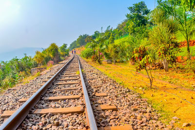 Railroad tracks by trees against clear sky