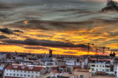 High angle view of cityscape against sky during sunset