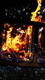 Bonfire on wooden log at night