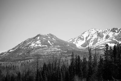 Scenic view of snowcapped mountains against clear sky