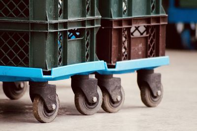 Close-up of transport crate on wheels 