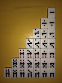 Close-up of yellow objects on table against wall