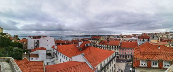 High angle view of buildings in city against sky
