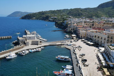 High angle view of boats in sea