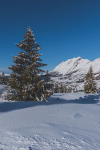 Scenic view of snow covered mountains against clear blue sky