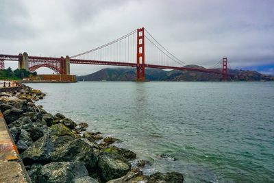 View of suspension bridge over sea