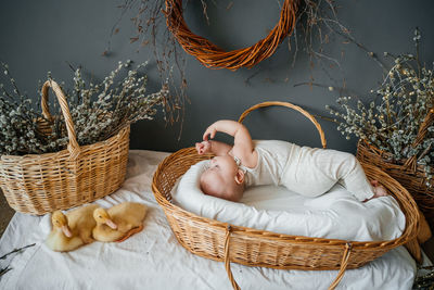 Baby lies in a wicker basket gray background willow eco style